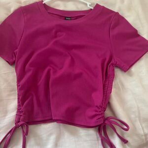 SHEIN Women's Hot Pink Tie Fitted Medium Ribbed Bow Cropped Top T-Shirt